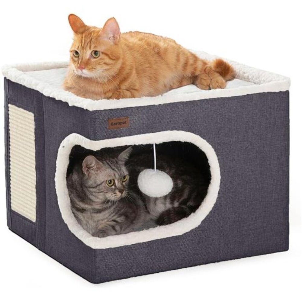 Cat bed cube house covered cat cave condo with scratch pad hideaway dark grey